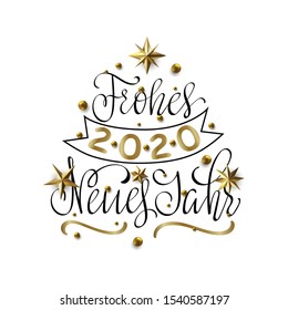 Frohes Neues Jahr - Happy New Year in German greeting card with typographic design Lettering. Deutsch Xmas. Calligraphic Inscription Decorated with Golden Stars and Beads.