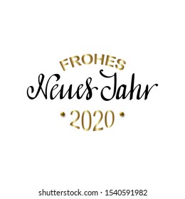 Frohes Neues Jahr - Happy New Year in German greeting card with typographic design Lettering. Deutsch Xmas. Calligraphic Inscription Decorated with Golden Stars and Beads.