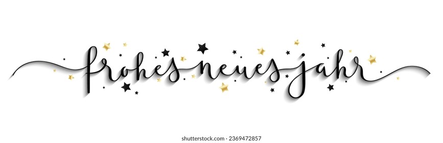 FROHES NEUES JAHR (HAPPY NEW YEAR in German) black vector brush calligraphy banner with gold and black stars