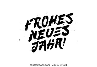 Frohes Neues Jahr! Inscription Happy New Year in German. Fashionable brush lettering. Drawn with a brush by hand. New Year greeting card. Vector illustration on a white background.