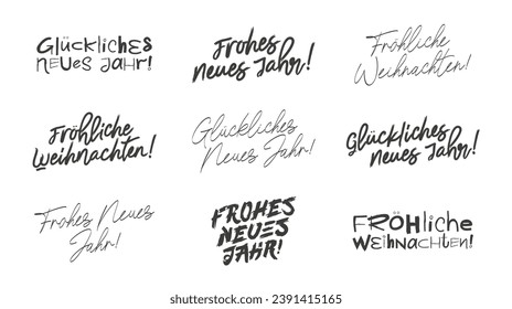 Frohes Neues Jahr - Año Nuevo en alemán. Gluckliches Neues Jahr - Feliz Año Nuevo en alemán. Frohliche Weihnachten - ¡Feliz Navidad en alemán! Juego de letras y caligrafía.