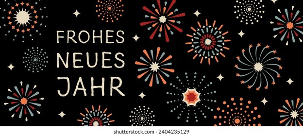 Frohes neues Jahr - text in German - Happy New Year. Greeting card with abstract colorful  fireworks.