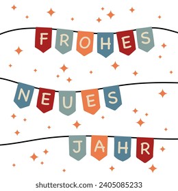 Frohes neues Jahr - text in German language - Happy New Year. Square New Year’s card with colorful pennant flags.