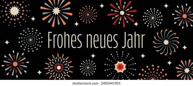 Frohes neues Jahr - texto en alemán - Feliz Año Nuevo. Tarjeta de Año Nuevo con coloridos fuegos artificiales.