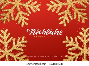 Frohliche Weihnachten. Xmas background with shining golden snowflakes. Christmas greeting card vector Illustration.