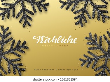 Frohliche Weihnachten. Xmas background with shining black snowflakes. Christmas greeting card vector Illustration.