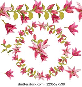 Frolar lilies  garland.Endless horisontal brush.Circle made of ellements.Pink lilium on white background.Isolated vector flowers pattern.