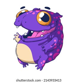 Frolic Fairytale Creature, isolated vector illustration. Funny monster. Smiley purple paunchy goblin. Cute mythic animal. A children's book character. A toy concept. A mascot creature. A weird pet