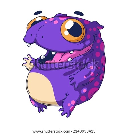 Frolic Fairytale Creature, isolated vector illustration. Funny monster. Smiley purple paunchy goblin. Cute mythic animal. A children's book character. A toy concept. A mascot creature. A weird pet