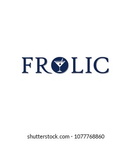 Frolic Logo Concept, Cafe, Bar Logo Design Template, Night Club, Drink Glass Icon, Blue Wordmark, White Background