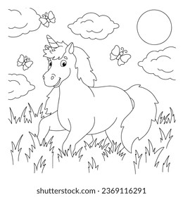 Un unicornio que se frota en el pasto. Colorando la página del libro para los niños. Caricatura de estilo. Ilustración vectorial aislada en fondo blanco.