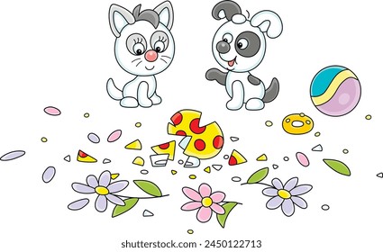 Frolicsome little kitten and puppy looking at fragments of a broken beautiful vase with flowers after a merry game with a toy ball, vector cartoon illustration on a white background