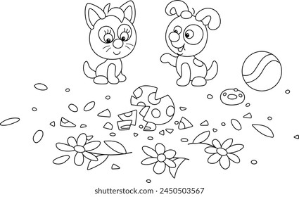 Frolicsome little kitten and puppy looking at fragments of a broken beautiful vase with flowers after a merry game with a toy ball, black and white vector cartoon illustration for a coloring book
