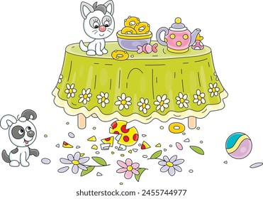 Frolicsome little kitten and puppy looking at fragments of a broken beautiful vase with flowers from a kitchen table after a merry game with a toy ball, vector cartoon illustration on white