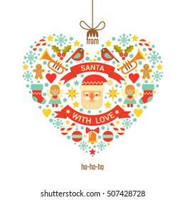 "From Santa with Love" creative Christmas card. Vector illustration with Christmas icons and symbols in flat style, arranged in heart shape.