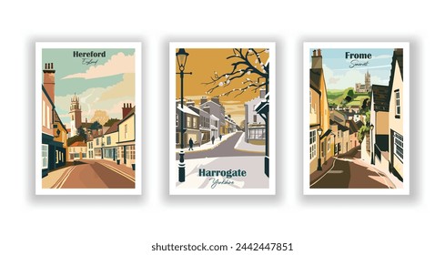Frome, Somerset. Harrogate, Yorkshire. Hereford, England - Set of 3 Vintage Travel Posters. Vector illustration. High Quality Prints
