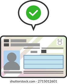 A frente de um Cartão de Número Individual (Cartão de Identificação do Governo do Japão) de 2016 como um ícone vetorial com uma marca de verificação verde indicando status verificado ou autenticação bem-sucedida.