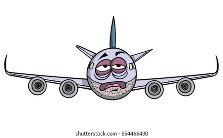 Front angle cartoon of a tired airplane