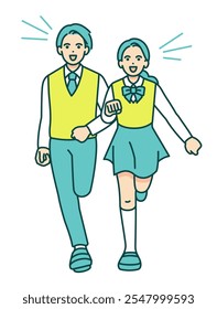 Front angle. Vibrant illustration of high school boys and girls in uniforms running.