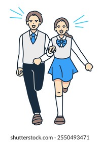 Front angle. Vibrant illustration of high school boys and girls in uniforms running.