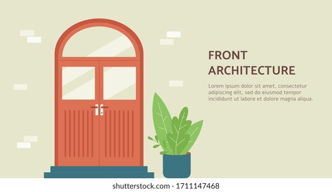 Front architecture banner template for architectural or construction agency with wooden door on brick wall, flat vector illustration. Housing and home staging concept.