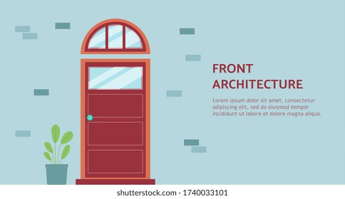 Front architecture banner template with red panel door on blue brick wall with arched transom window and decorative house plant. Building entrance doorway - flat vector illustration.