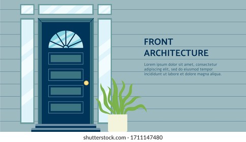 Encabezado de arquitectura frontal e imagen de puerta en plantilla de banner para la agencia de arquitectura o construcción, ilustración plana vectorial. Decoración y decoración en casa.