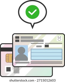 A frente e a parte de trás de um Cartão de Número Individual (Cartão de Identificação do Governo do Japão) com design de 2016 como um ícone vetorial com uma marca de verificação verde indicando status verificado ou autenticação bem-sucedida.