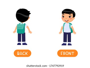 FRONT and BACK antonyms word card, Opposites concept. Flashcard for English language learning. . Little Asian schoolboy stands with her back to us, boy stands in front of us. 