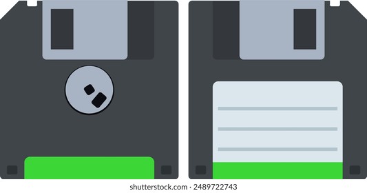 Front and back of a black 3"5 floppy disk with a blank label in flat design style (cut out)