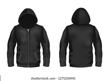 Front and back black hoodie vector template. Sweatshirt fashion with hoodie for sport and urban style illustration