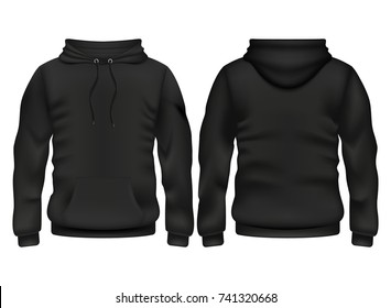 Front and back black hoodie vector template. Sweatshirt fashion with hoodie for sport and urban style illustration