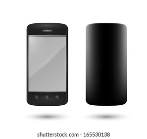 front and back of black smartphone illustration on white background