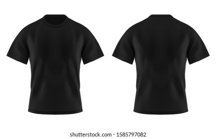 Front and back of blank t-shirt for man or empty tshirt template for men. Realistic or 3d unisex t shirt or isolated wear for brand. Slim sport uniform advertisement. Wear with short sleeve. Shop