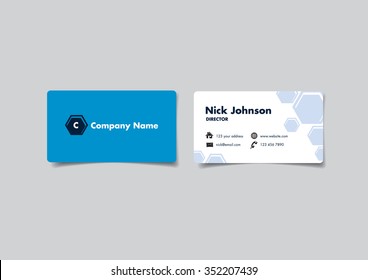 Front and back of a blue and white name card with hexagon design. Vector illustration isolated on gray background.