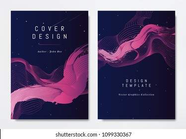 Front and back of book cover template design, abstract pink striped lines on dark blue, stars and space theme