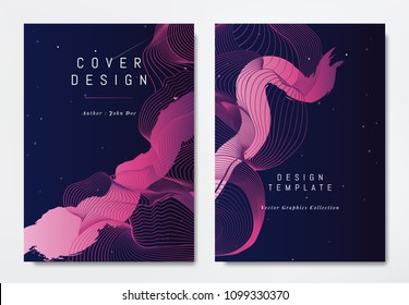 Front and back of book cover template design, abstract pink striped lines on dark blue, stars and space theme
