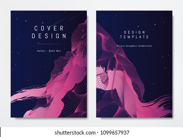 Front and back of book cover template design, abstract pink striped lines on dark blue, stars and space theme