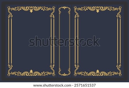 Front and back book covers for cardboard, decorated with a vintage gold frame, blue texture.