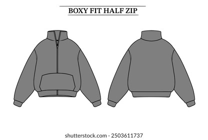 Front back Boxy Half Zip mock up design, which can be edited as needed in vector form.This design is for store products, templates, hoodie designs, mock ups, and others related to fashion