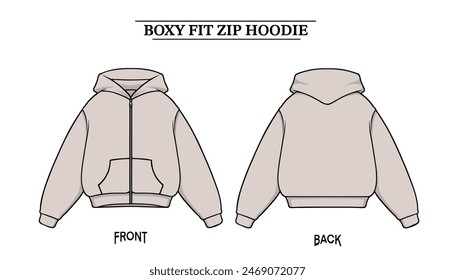 Vordere Rückseite Boxy Reißverschluss Hoodie Mock-up-Design, das nach Bedarf in Vektorgrafik-Form bearbeitet werden kann. Dieses Design ist für Store-Produkte, Vorlagen, Hoodie-Designs, Mock-Ups und andere verwandte Modeartikel