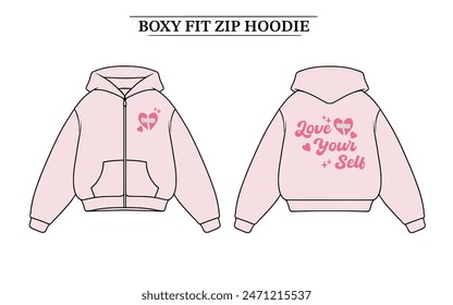 Front back Boxy zipper hoodie mock up design, which can be edited as needed in vector form.This design is for store products, templates, hoodie designs, mock ups, and others related to fashion