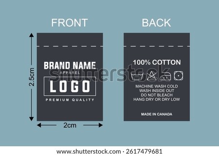 Front and Back Clothing Label Template. Minimalist Apparel Tag with Logo, Fabric Content and Washing Instruction