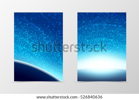 Front and back cosmos flyer template design. Abstract template with blue sunrise from behind of the planet in shiny style. Vector illustration