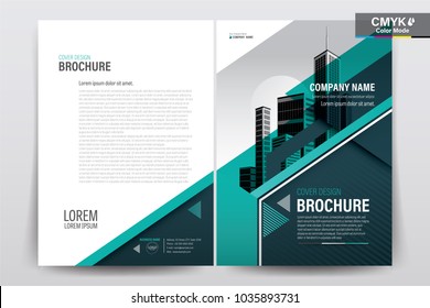 Front and back cover of a modern business brochure layout or flyer template, poster, magazine, annual report, book, booklet with green triangle and building image. Size A4 CMYK Vector illustration