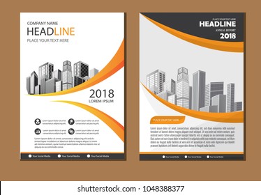 Front and back cover of a modern business brochure layout or flyer template, poster, magazine, annual report, book, booklet with blue and orange circle and building image.Size A4 Vector illustration