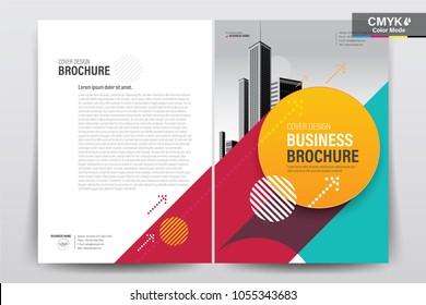 Front and back cover of a modern business brochure layout or flyer template, poster, magazine, annual report, book, booklet with red yellow green and building image. Size A4 CMYK Vector illustration