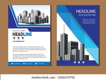 Front and back cover of a modern business brochure layout or flyer template, poster, magazine, annual report, book, booklet with red and blue and building image. Size A4 Vector illustration