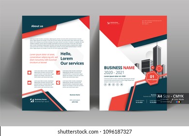 Front and back cover of a modern business brochure layout or flyer template, poster, magazine, annual report, book, booklet with red geometric and building image. Size A4 CMYK Vector illustration