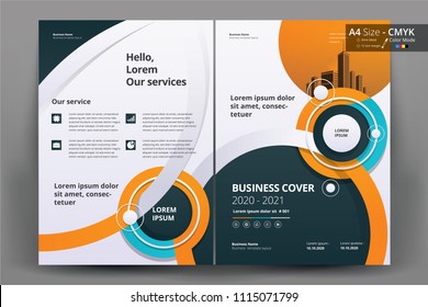 Front and back cover of a modern business brochure layout or flyer template, poster, magazine, annual report, book, booklet with orange blue circle. Size A4 CMYK Vector illustration